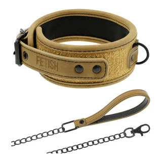 Collier doré texturé avec inscription FETISH, doublure noire, anneaux métal et fermoir, accompagné d'une laisse à poignée boucle et de deux chaînes à mousqueton