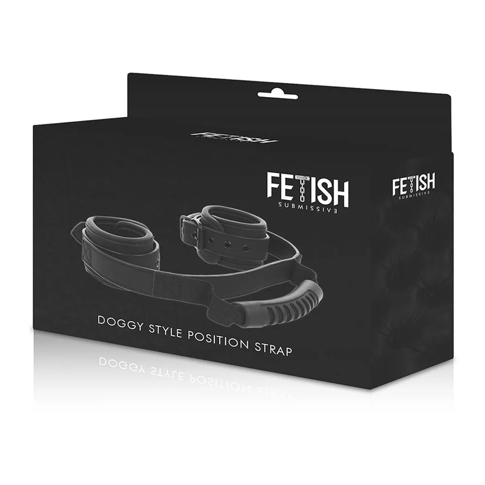Emballage noir de menottes de style doggy avec poignée, affichant des illustrations des bracelets en néoprène et de la poignée rigide, marque Fetish Submissive