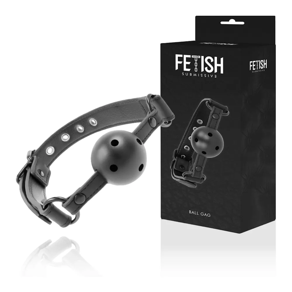 Emballage noir du bâillon Fetish Submissive présentant une boule perforée en silicone noir attachée à une sangle ajustable avec boucles de fixation