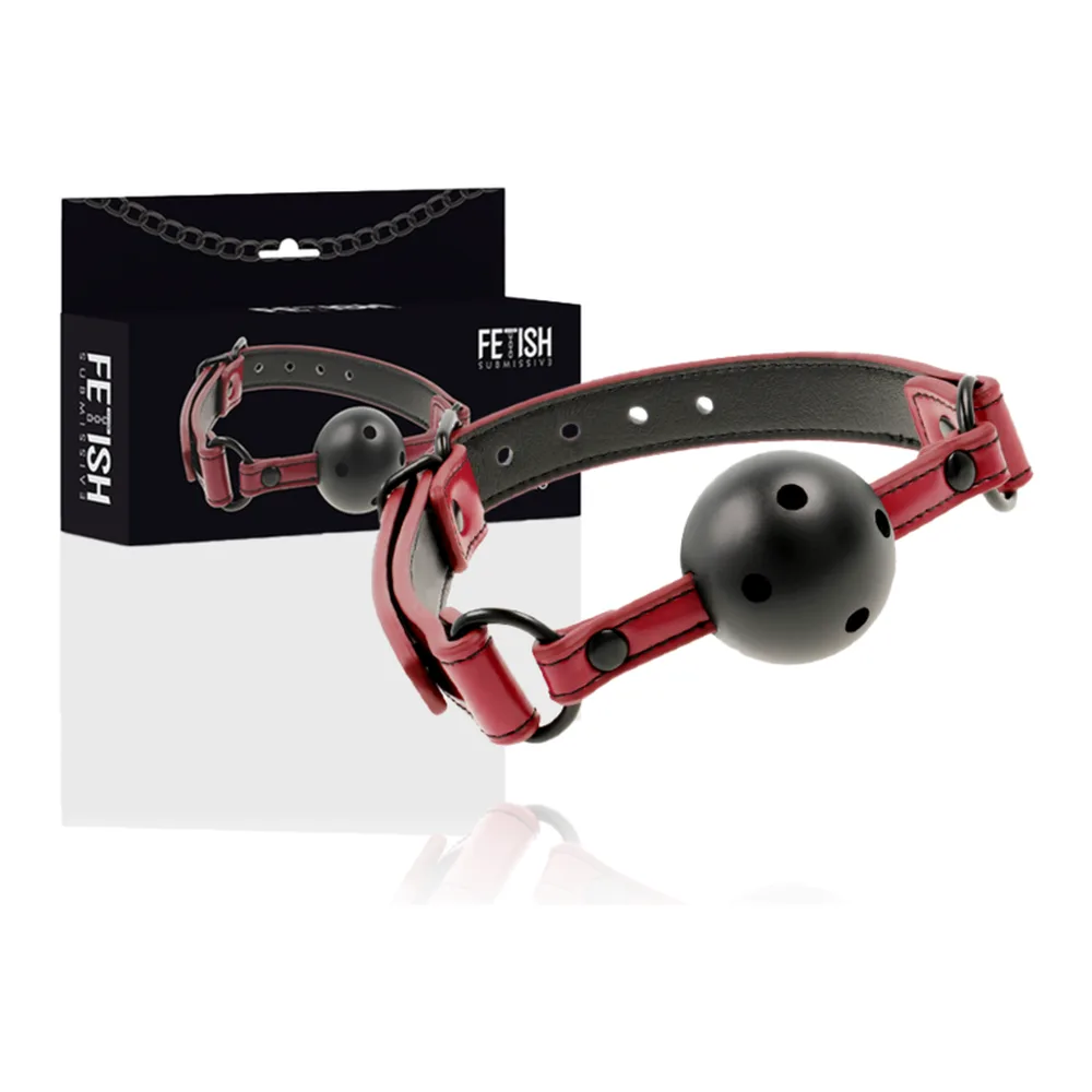 Emballage noir du bâillon Fetish Submissive présentant une boule perforée en silicone noir attachée à une sangle ajustable avec boucles de fixation