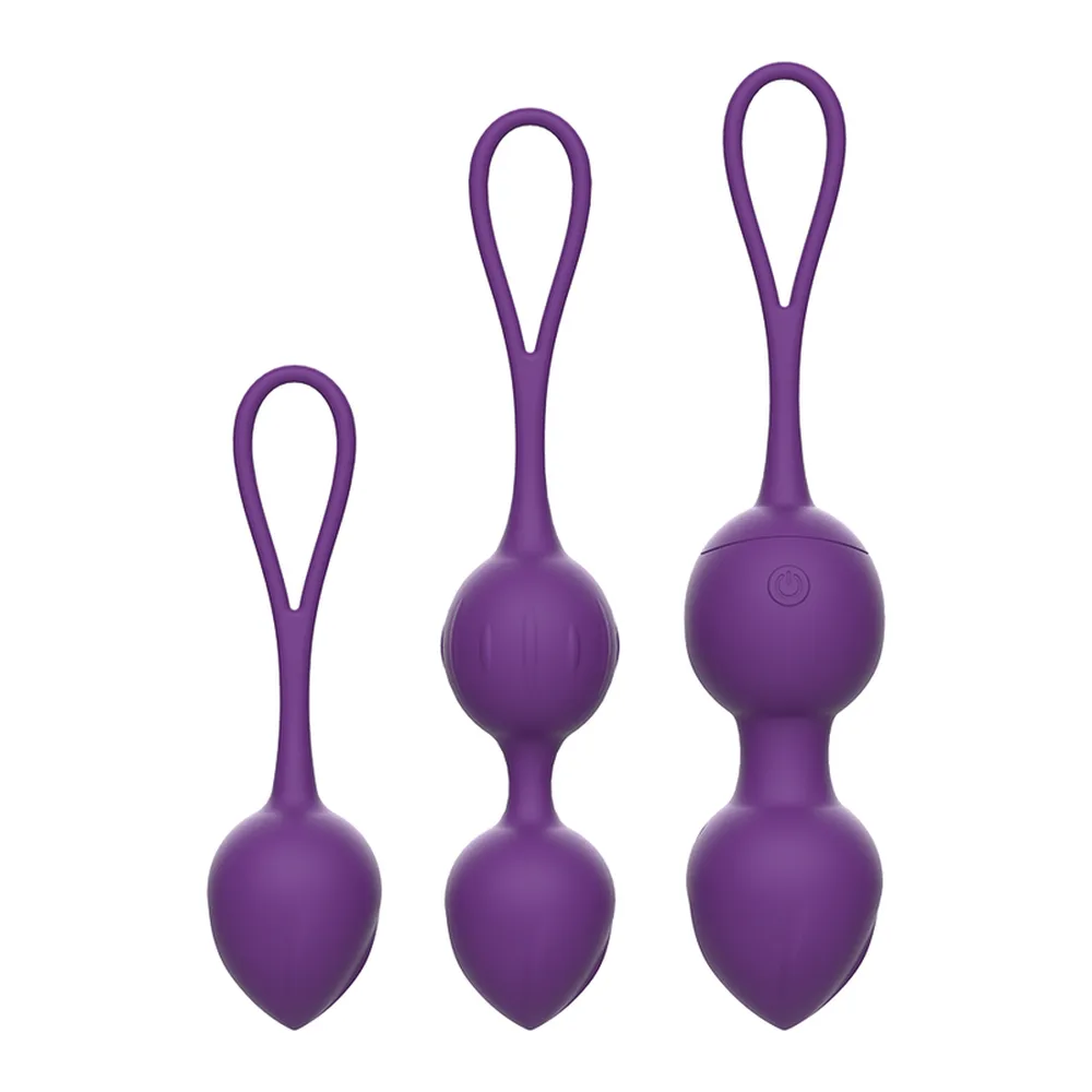 Trois boules de Geisha en silicone violet avec boucle de suspension, de tailles progressives, accompagnées d'une télécommande blanche filaire