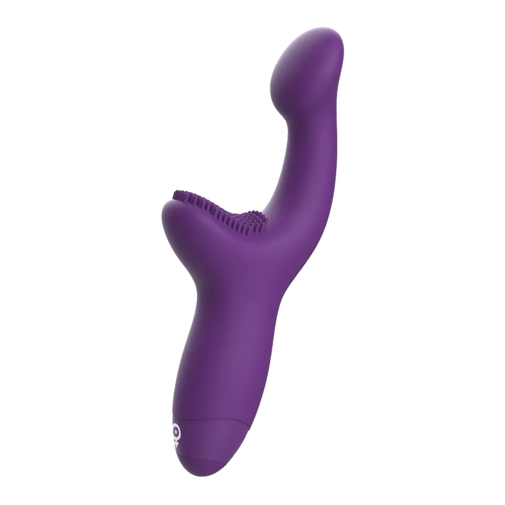 Vibromasseur violet en silicone avec tige courbe orientée vers le haut et bras stimulateur inférieur textured, fond blanc