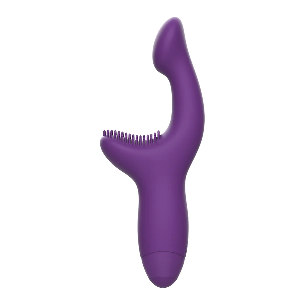 Vibromasseur violet en silicone avec tige courbe orientée vers le haut et bras stimulateur inférieur textured, fond blanc