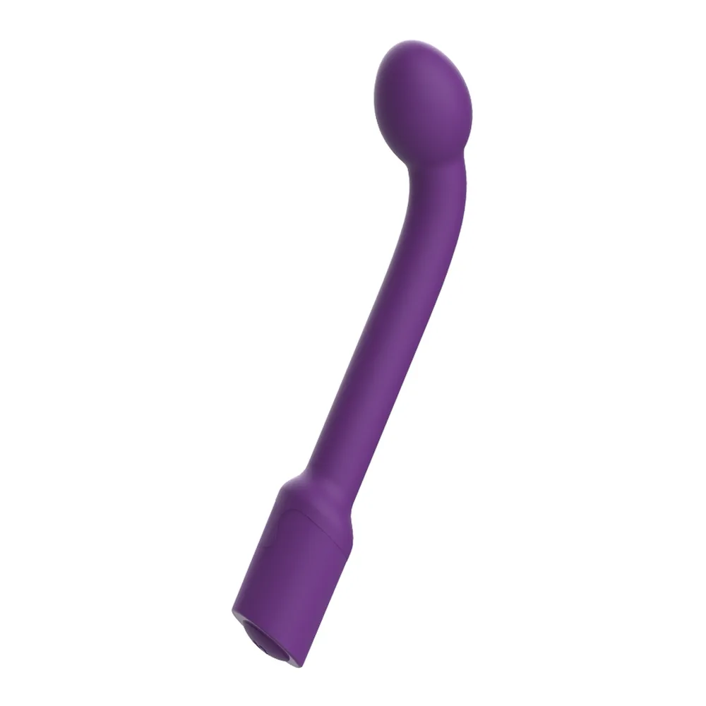Emballage et vibromasseur pourpre Rewoflex avec tige courbe et renflement terminal, tige ondulée, recharge USB, fond blanc