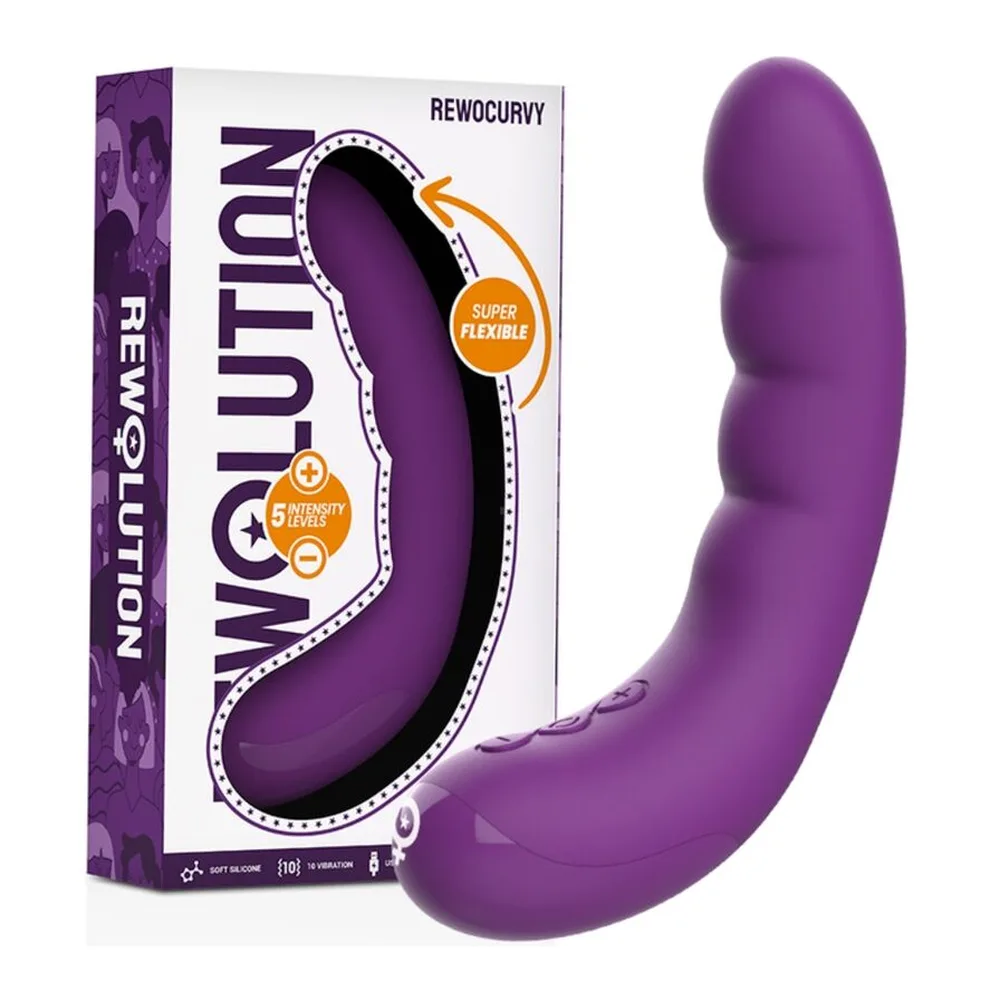 Emballage du vibromasseur Rewocurvy aux côtés du produit en silicone violet, à tige incurvée et flexible, sur fond blanc