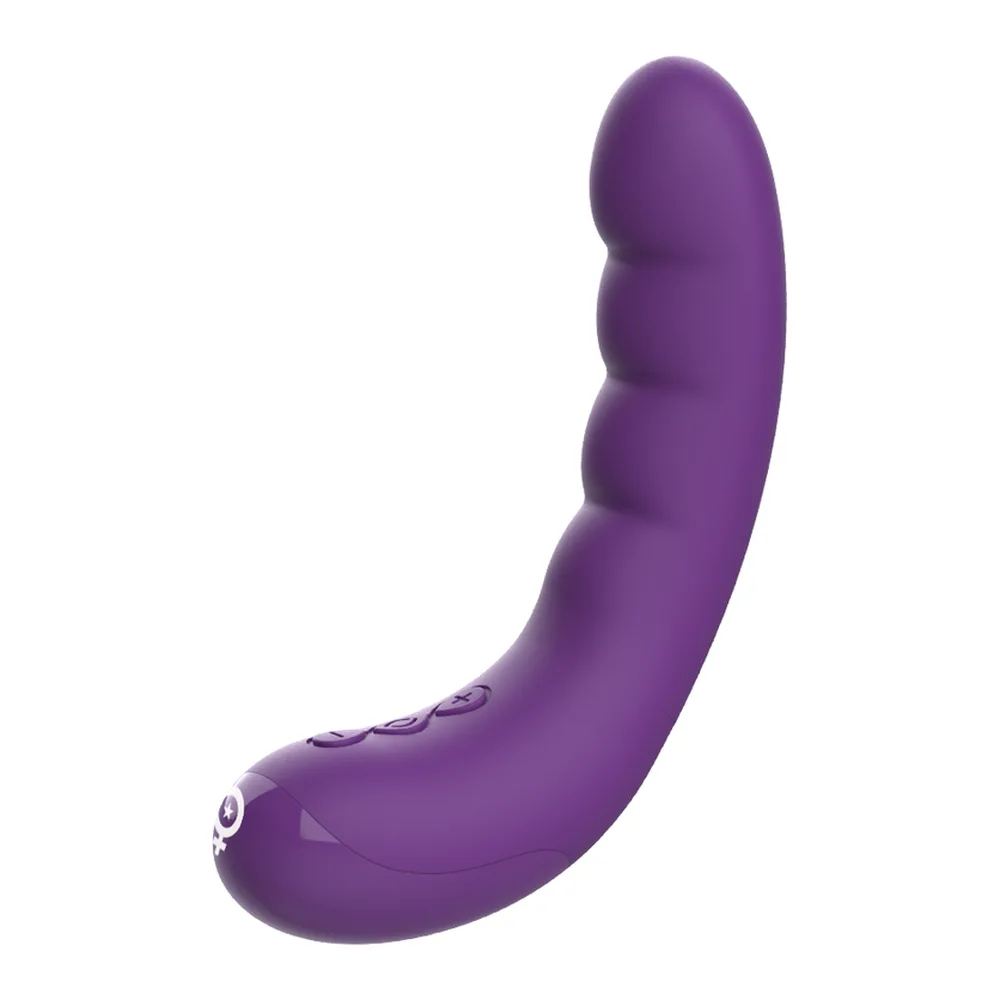 Emballage du vibromasseur Rewocurvy aux côtés du produit en silicone violet, à tige incurvée et flexible, sur fond blanc