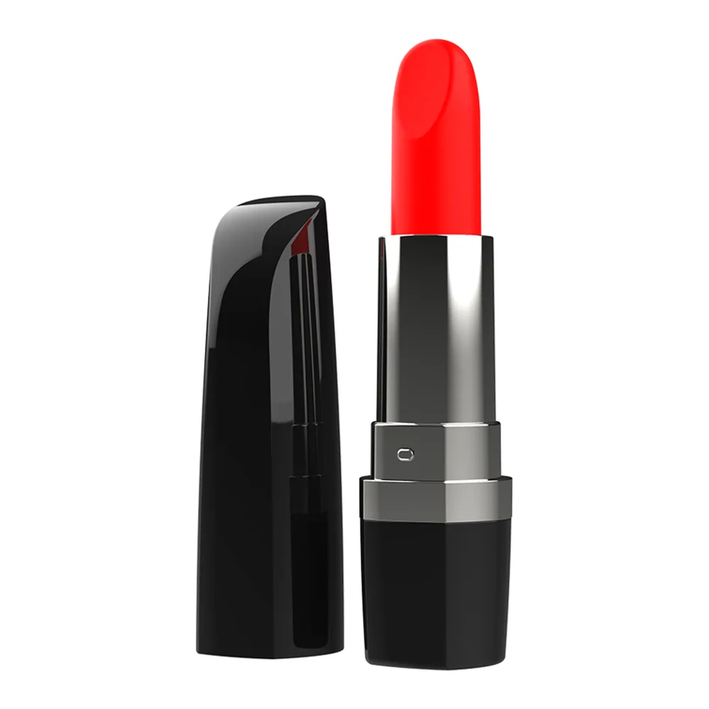 Vibromasseur Lippsy rouge vif en forme de rouge à lèvres, avec corps noir et argenté, présenté à côté de son étui noir et de son emballage Intense