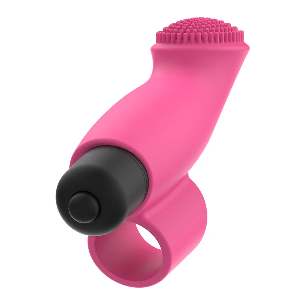 Vibromasseur rose fuchsia avec doigtier souple et balle vibrante noire détachable, fond blanc