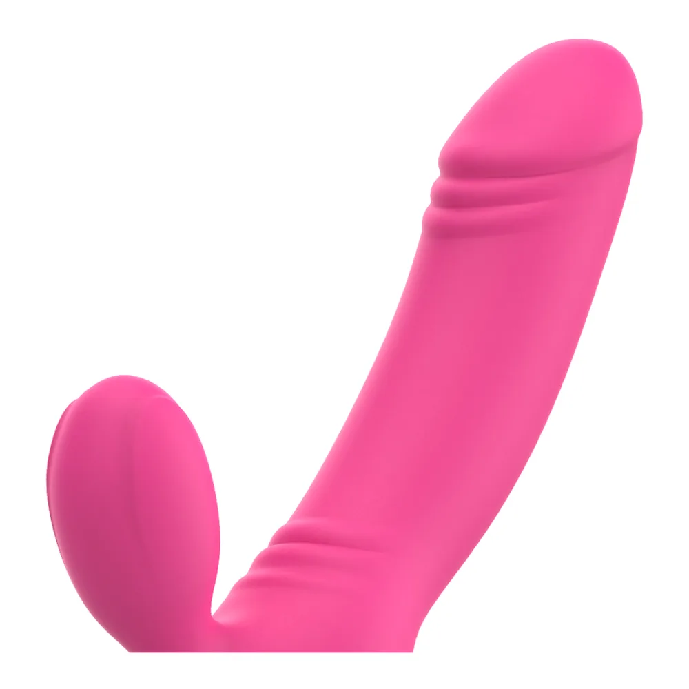 Vibrateur rose vif en silicone avec double stimulation, une branche arrondie et une protubérance latérale, base noire, sur fond blanc