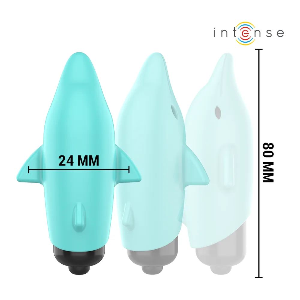 Mini-vibromasseur en forme de dauphin turquoise avec ailettes, détail zoomé montrant la fonction vibration super forte, sur fond blanc