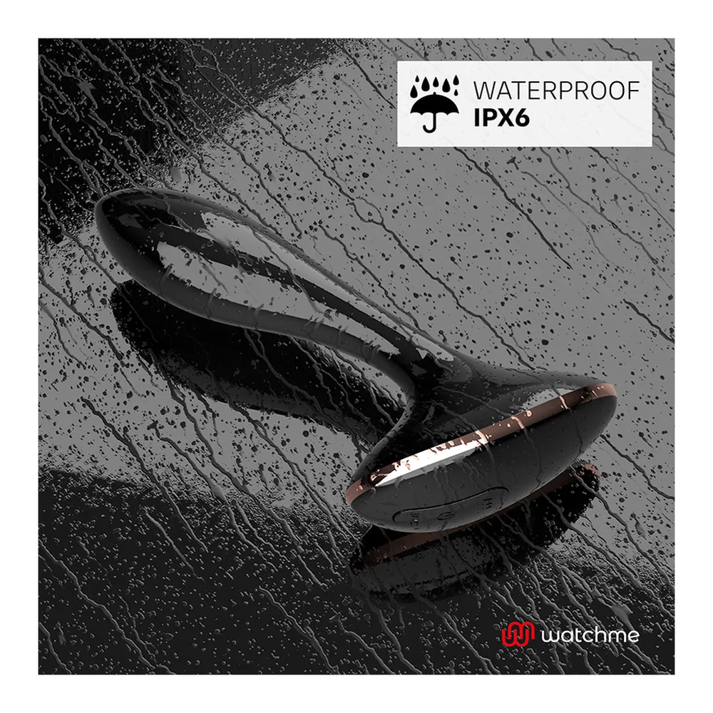 Plug prostatique noir en silicone avec base rose poudré, accompagné d'une télécommande montre noire équipée de boutons de contrôle