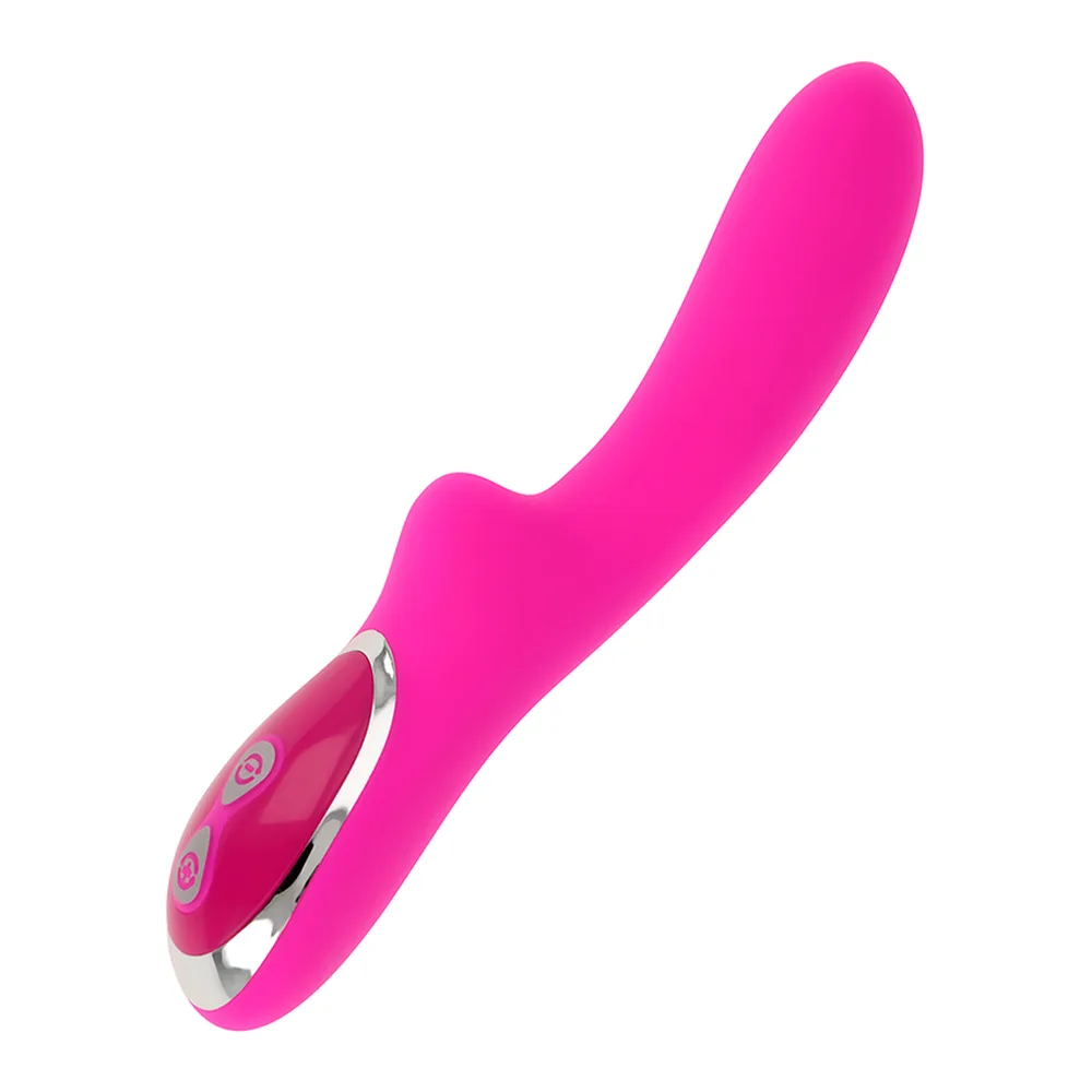Vibromasseur rose vif en silicone avec tête de stimulation arrondie, corps ergonomique incurvé et contrôle à boutons sur le manche, sur fond blanc