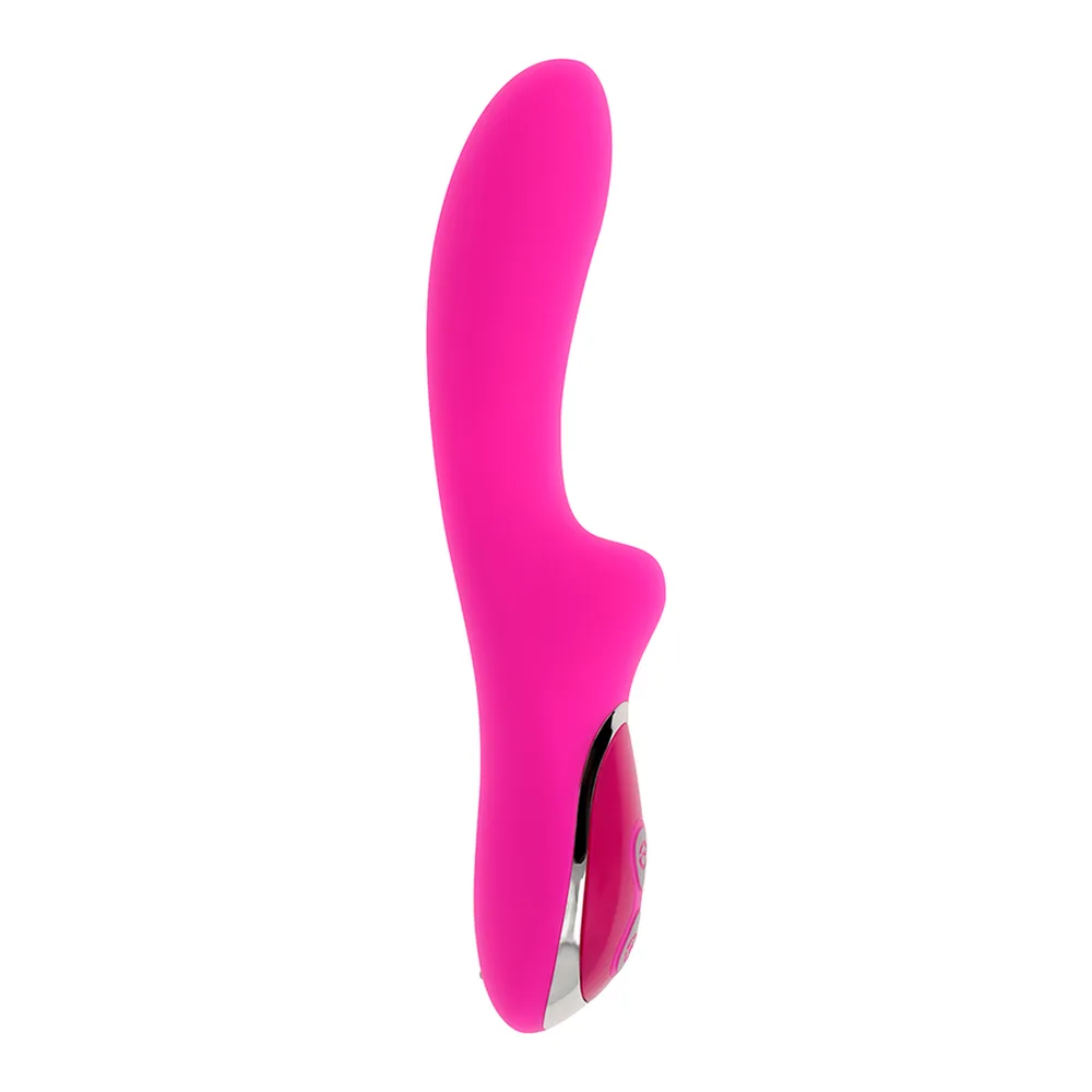 Vibromasseur rose vif en silicone avec tête de stimulation arrondie, corps ergonomique incurvé et contrôle à boutons sur le manche, sur fond blanc