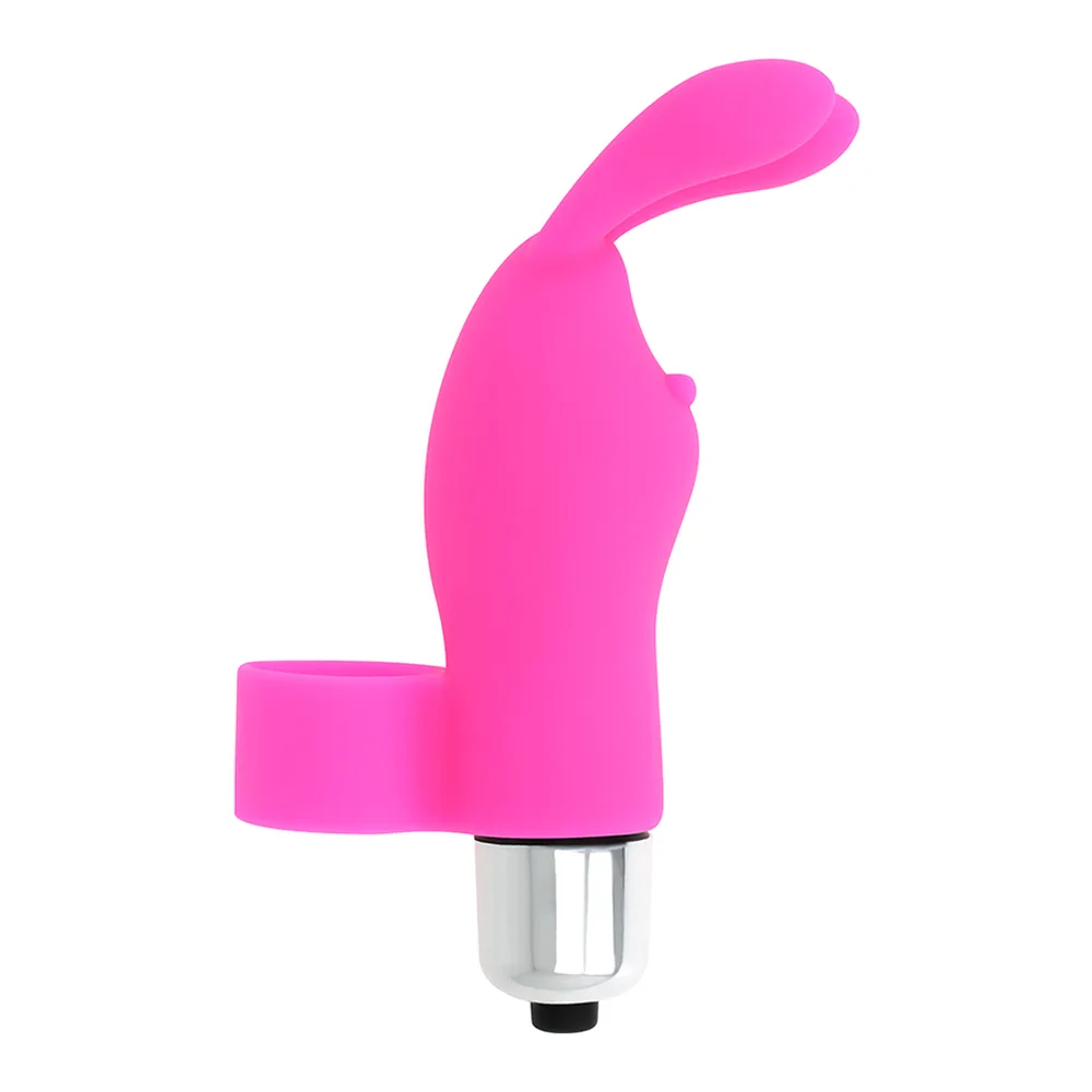 Vibromasseur rabbit rose vif avec oreilles longues, moteur blanc et argenté à la base, posé sur fond blanc