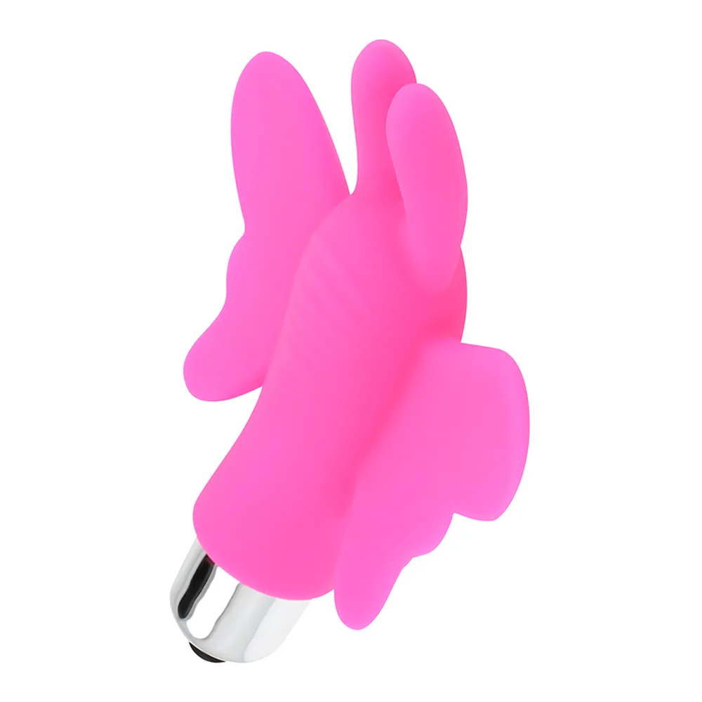 Stimulateur clitoridien rose fuchsia en forme de papillon avec ailes arrondies, antennes effilées et base argentée contenant le moteur de vibration