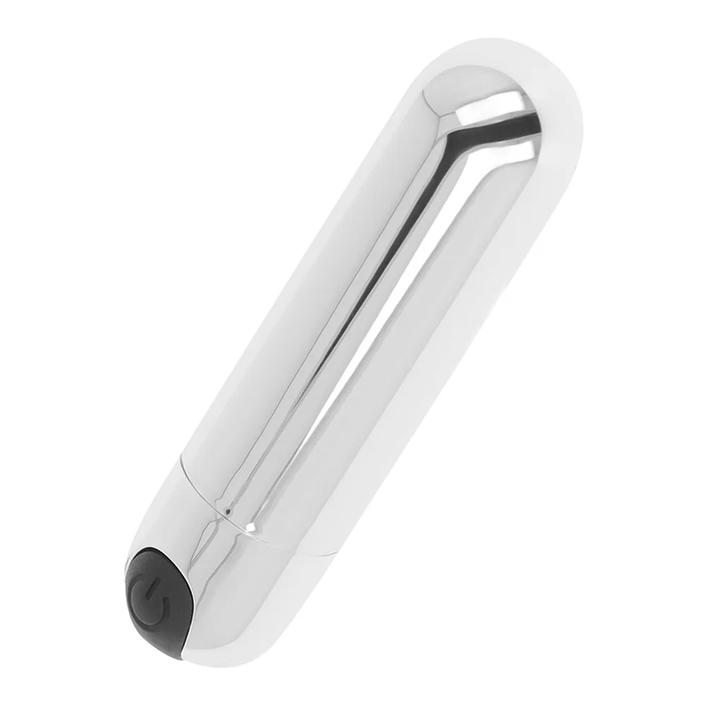 Bullet rechargeable blanc et noir de 9,5 cm avec embout souple arrondi, présenté dans son étui de rangement blanc sur fond neutre
