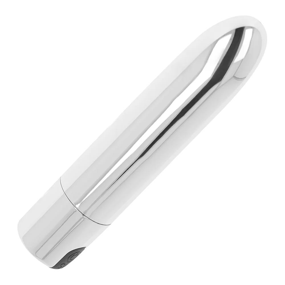 Bullet rechargeable blanc et noir de 9,5 cm avec embout souple arrondi, présenté dans son étui de rangement blanc sur fond neutre