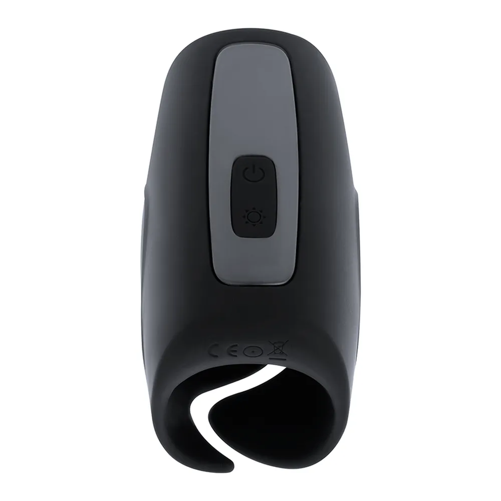 Masturbateur noir avec panneaux gris, ouverture en forme de vagin, deux boutons de contrôle sur le dessus, design ergonomique arrondi, fond blanc