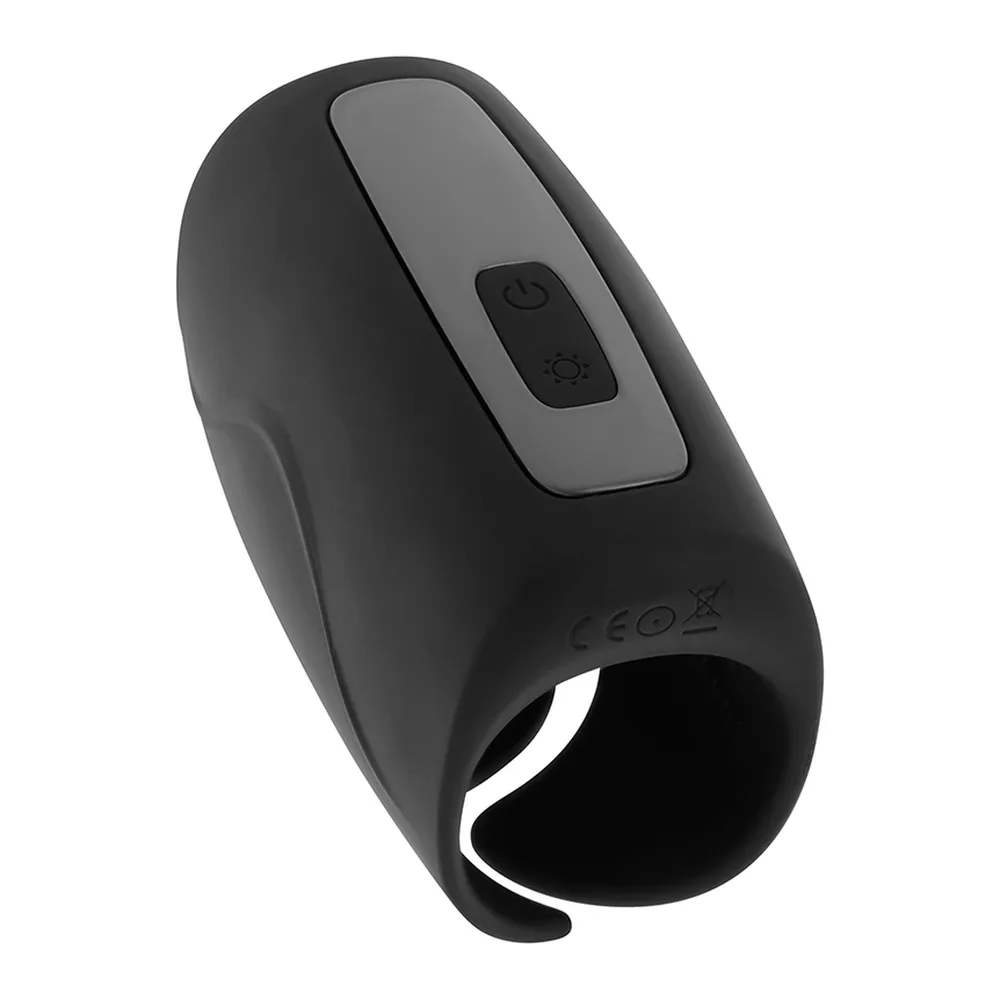 Masturbateur noir avec panneaux gris, ouverture en forme de vagin, deux boutons de contrôle sur le dessus, design ergonomique arrondi, fond blanc