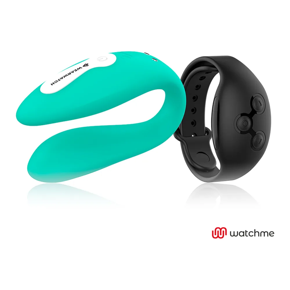 Trois vibromasseurs turquoise de la marque Watchme affichés avec leurs emballages et une montre connectée de contrôle, sur fond blanc avec câble USB de recharge visible