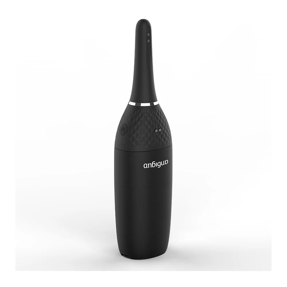 Nettoyeur anal motorisé noir avec corps texturé, anneau blanc de séparation et embout conique allongé, boutons de contrôle visibles en haut, sur fond blanc