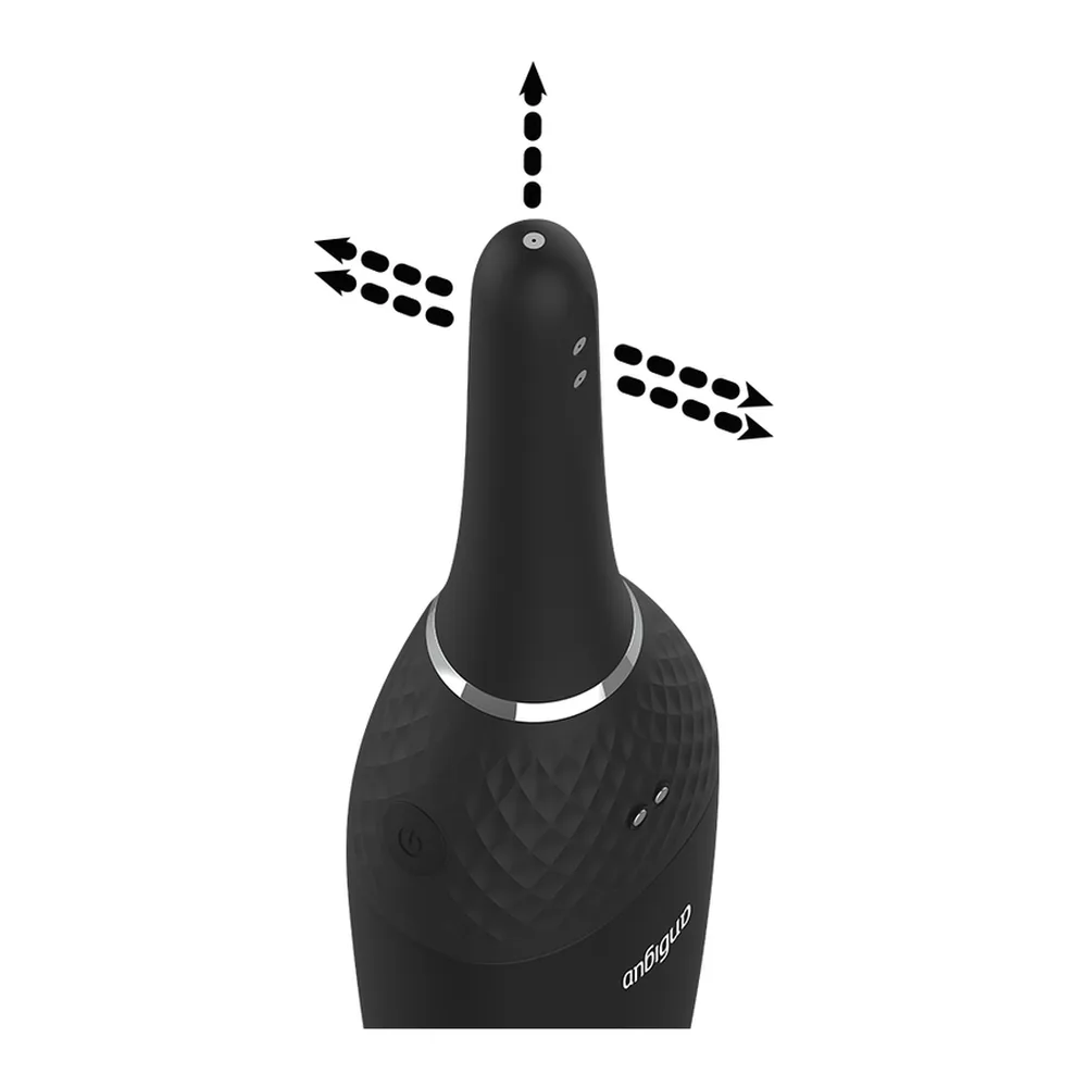 Nettoyeur anal motorisé noir avec corps texturé, anneau blanc de séparation et embout conique allongé, boutons de contrôle visibles en haut, sur fond blanc