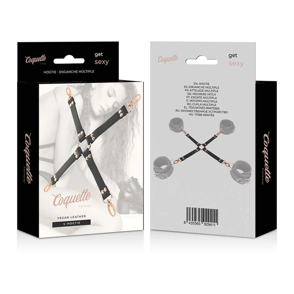 Cravate de suspension en cuir noir avec quatre bras formant une croix, ornée de rivets dorés et quatre mousquetons en métal doré aux extrémités, sur fond blanc