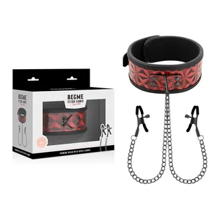 Collier et pinces à tétons simili-cuir rouge chaînes métal, autre vue 7