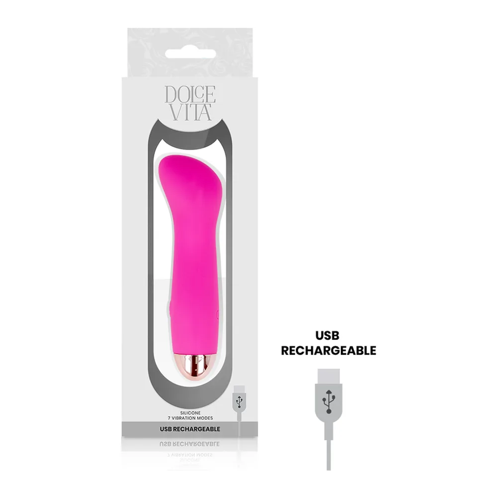 Vibromasseur rose vif en silicone, forme fuselée avec extrémité arrondie, base dorée, bouton de contrôle visible, sur fond blanc