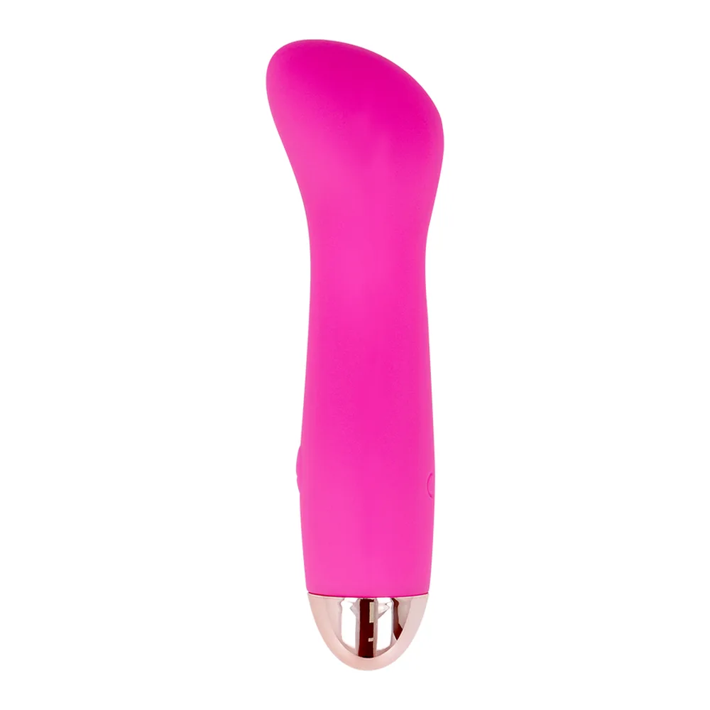 Vibromasseur rose vif en silicone, forme fuselée avec extrémité arrondie, base dorée, bouton de contrôle visible, sur fond blanc