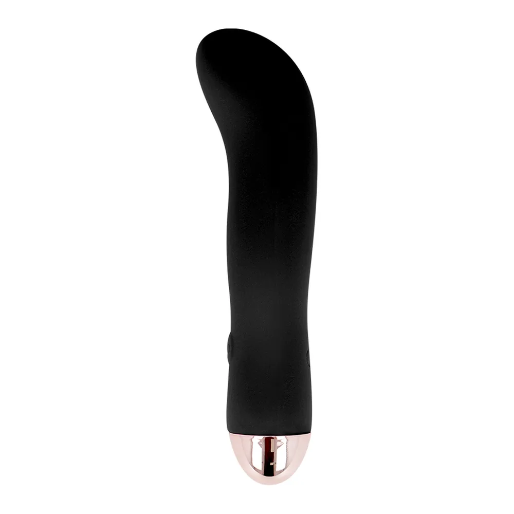Emballage du vibrateur Dolce Vita affichant un vibrateur noir courbé avec détails dorés et un câble USB de recharge inclus