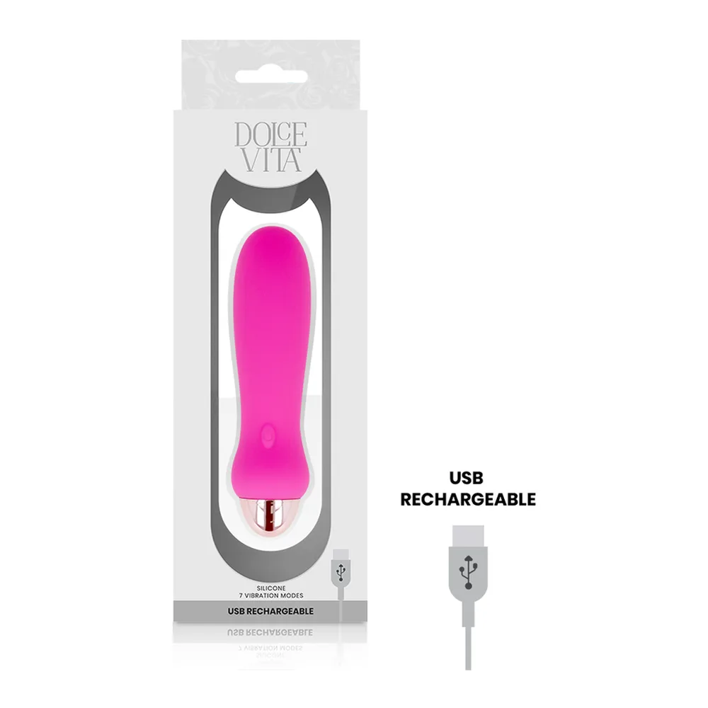 Vibromasseur rechargeable rose fuschia, forme allongée arrondie avec embout métallique doré, fond blanc