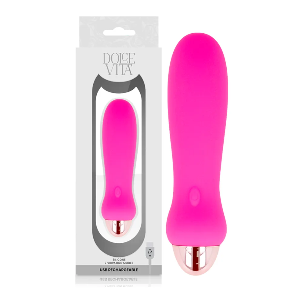 Vibromasseur rechargeable rose fuschia, forme allongée arrondie avec embout métallique doré, fond blanc