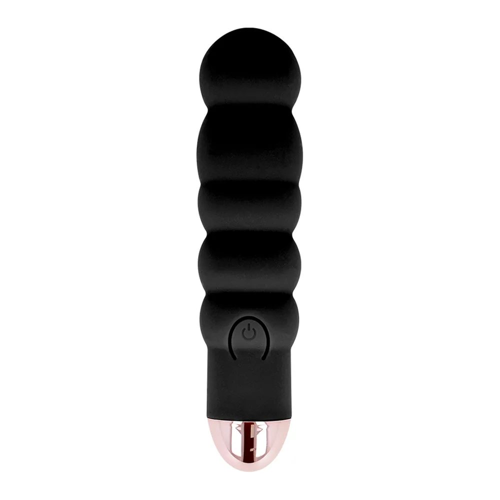 Emballage blanc du vibrateur Dolce Vita, montrant le produit noir avec renflements successifs et bouton de contrôle, accompagné du câble de recharge USB