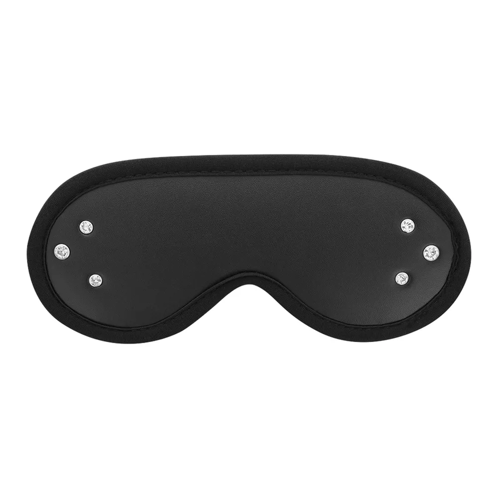 Masque noir mat avec contours rembourrés, orné de strass argentés aux quatre coins de la coque, sur fond blanc