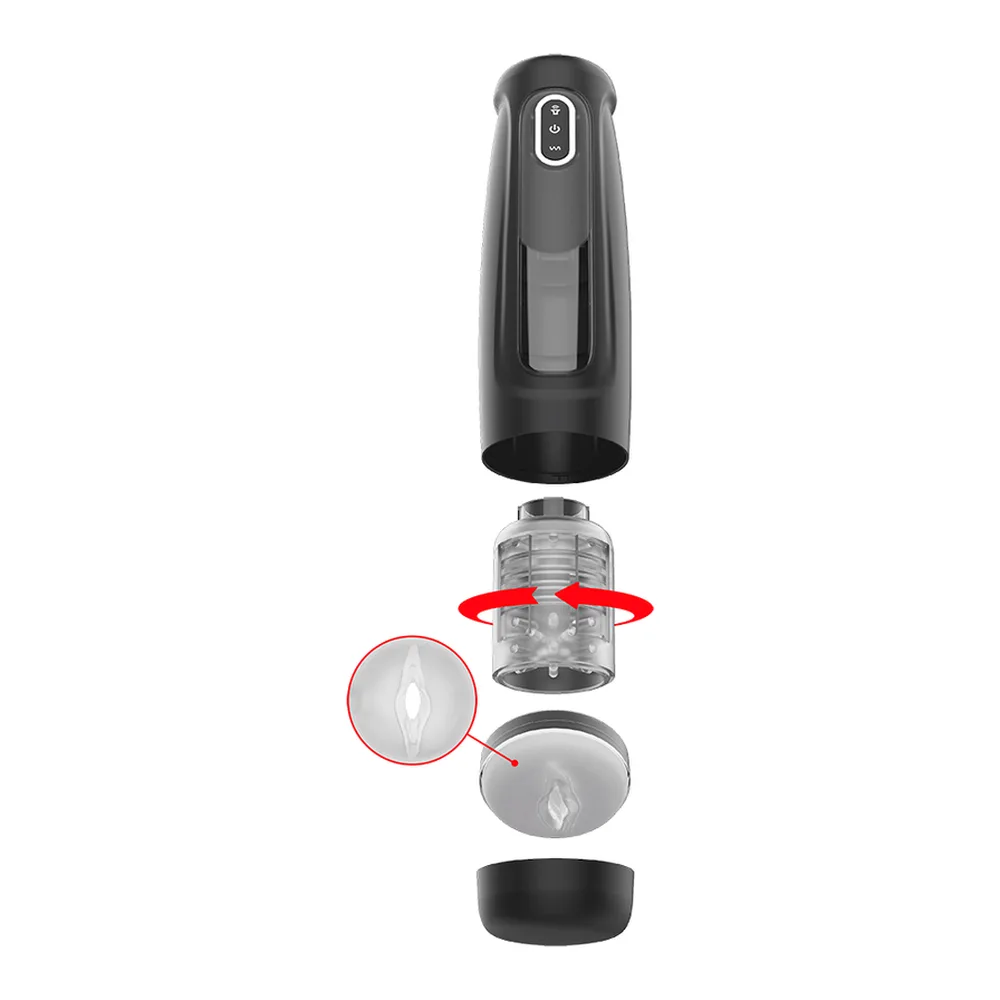 Masturbateur noir avec réservoir transparent, base ventouse blanche, boutons de commande et embout rotatif supérieur, sur fond blanc