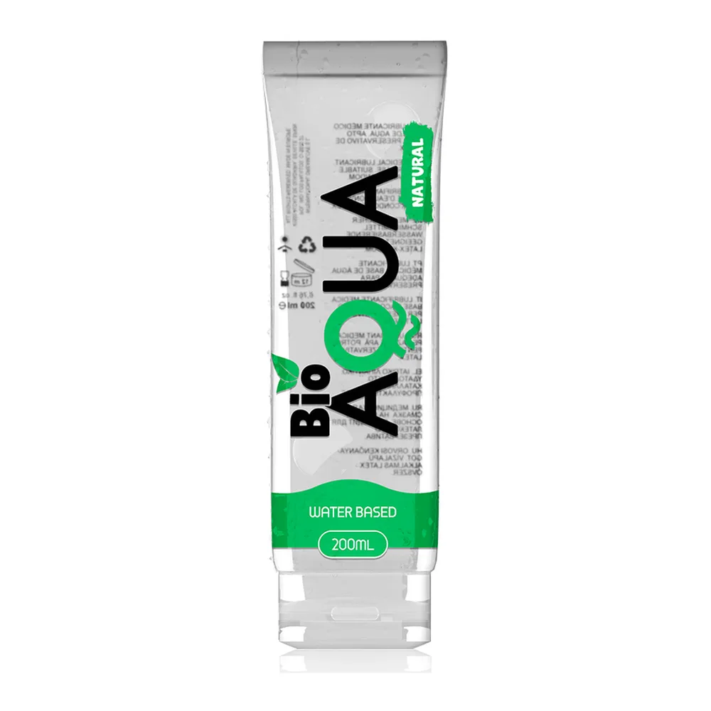Flacon de lubrifiant 200 mL à base d'eau Bio Aqua, emballage blanc et vert avec texte sur fond blanc, étiquette « water based »