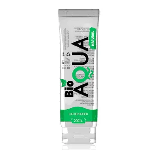 Flacon de lubrifiant 200 mL à base d'eau Bio Aqua, emballage blanc et vert avec texte sur fond blanc, étiquette « water based »