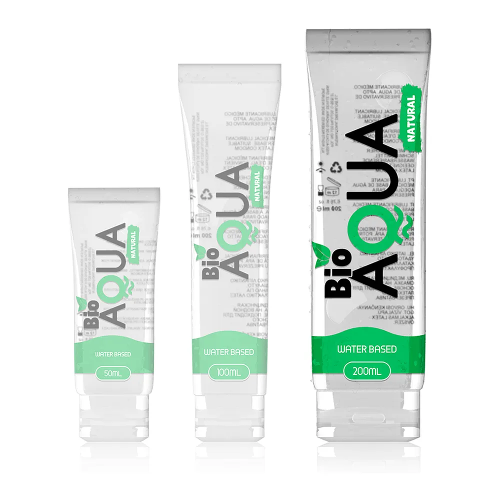 Flacon de lubrifiant 200 mL à base d'eau Bio Aqua, emballage blanc et vert avec texte sur fond blanc, étiquette « water based »
