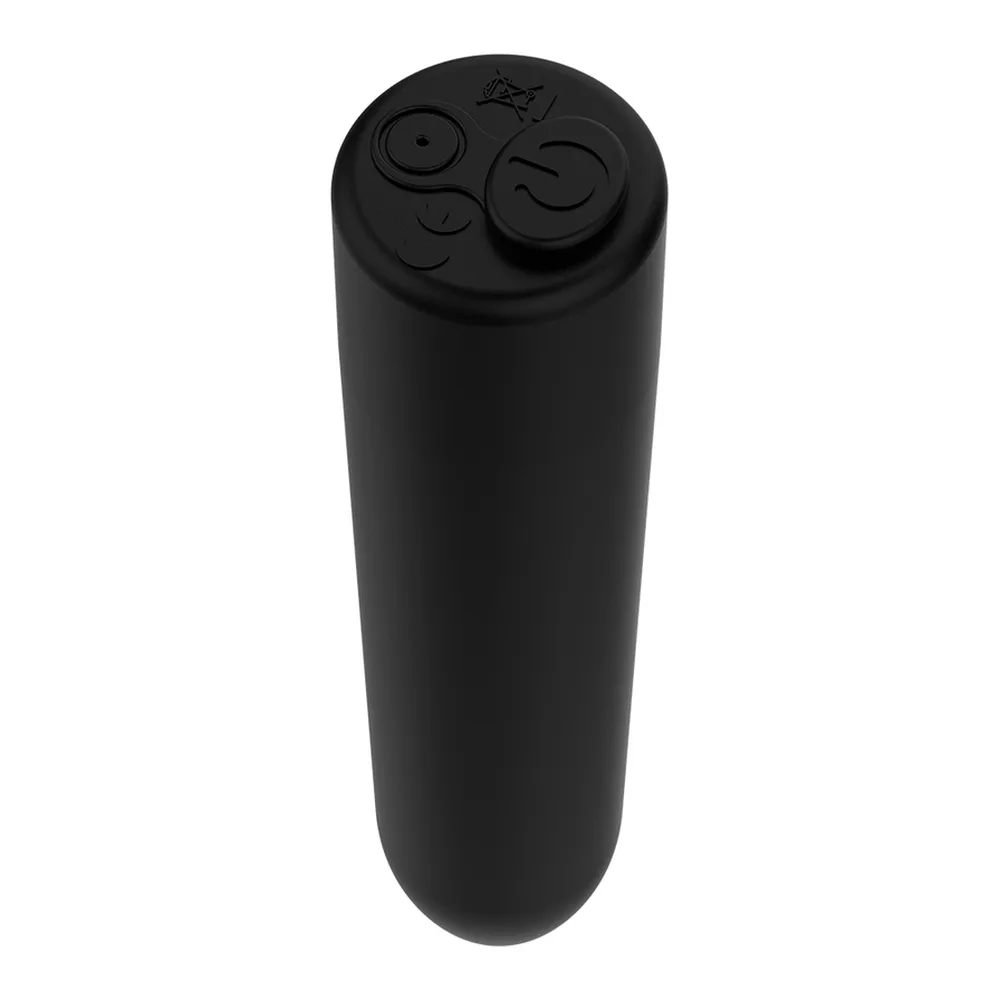Balle vibrante noire en silicone, forme cylindrique arrondie avec motifs texturés en relief sur le dessus, sur fond blanc