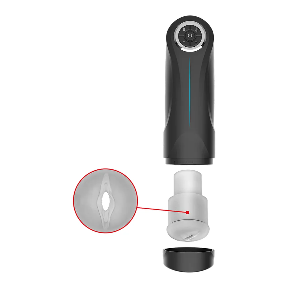Masturbateur noir et blanc avec télécommande circulaire, mécanisme de va-et-vient motorisé visible, base ventouse et flèches rouges indiquant le mouvement vertical