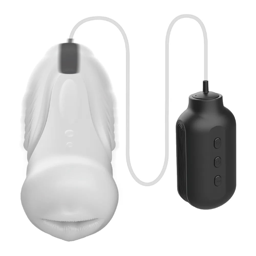 Stimulateur clitoridien blanc en forme de poire avec capot rétractable, relié par un tube gris à une télécommande noire rectangulaire équipée de trois boutons de contrôle