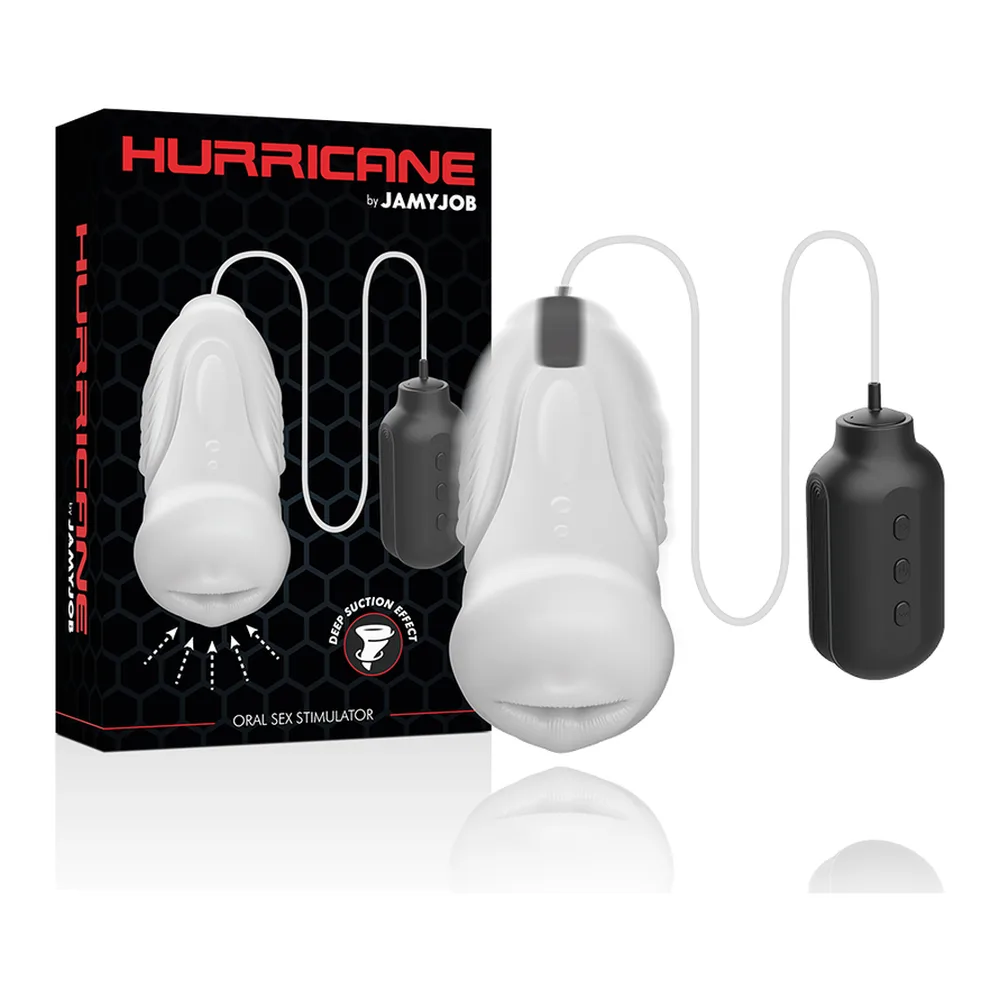 Stimulateur clitoridien blanc en forme de poire avec capot rétractable, relié par un tube gris à une télécommande noire rectangulaire équipée de trois boutons de contrôle