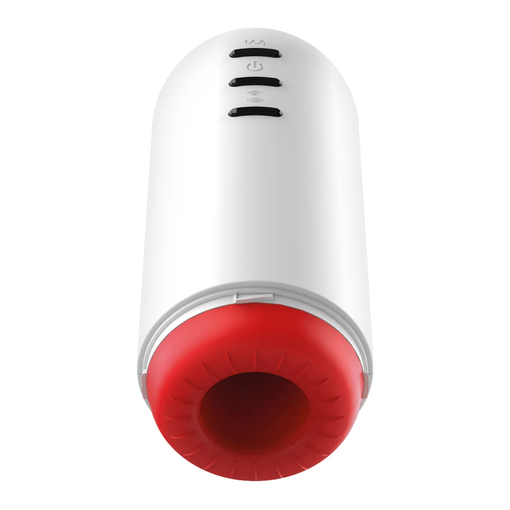 Masturbateur cylindrique blanc et rouge avec ouvertures de ventilation noires sur le dessus, embouchure rouge en silicone, fond blanc