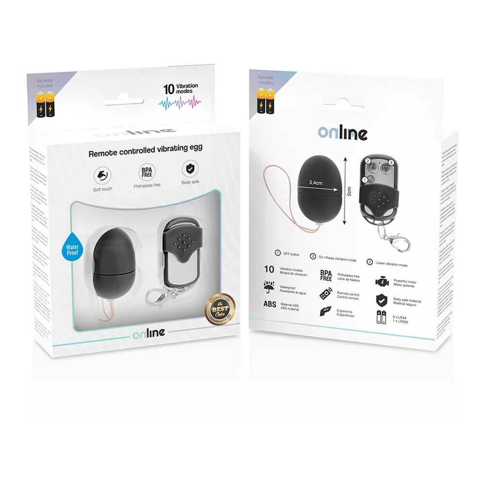 Schéma de comparaison montrant trois œufs vibrants de tailles croissantes L, M et S en gris et noir, avec télécommande sans fil