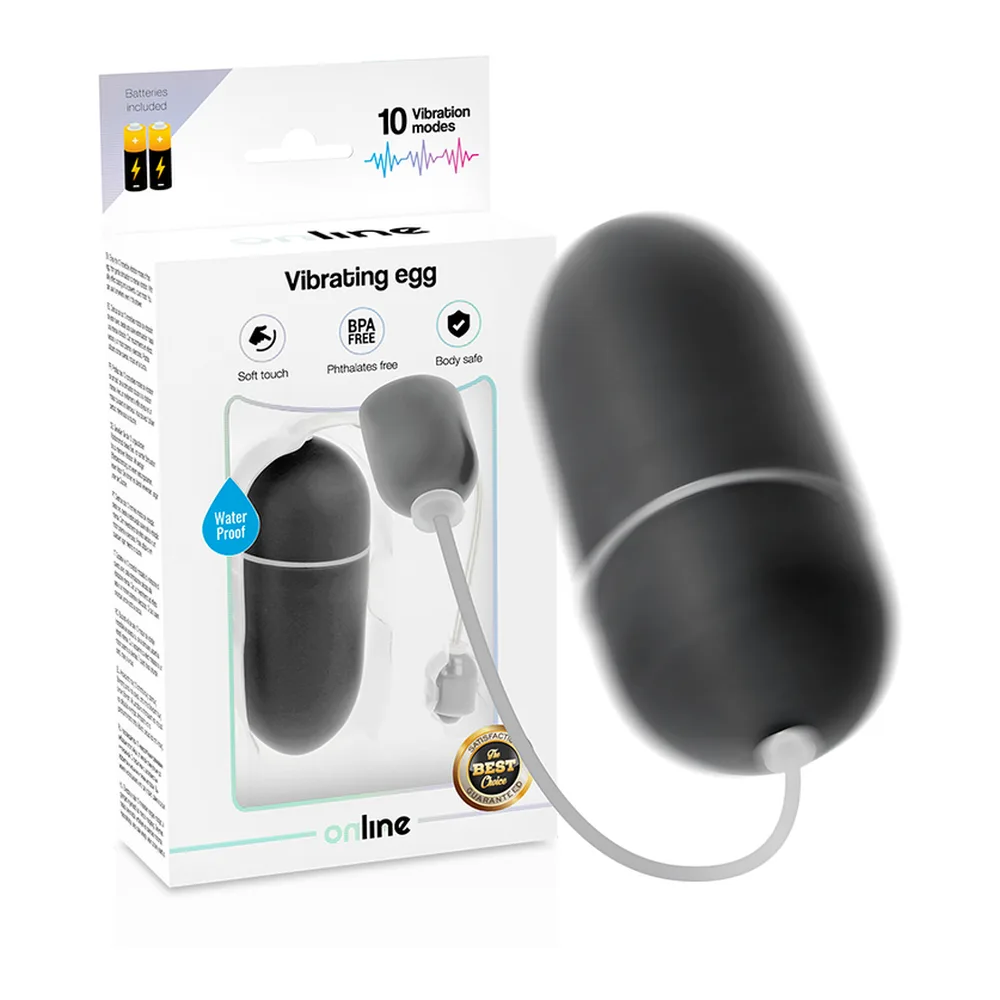 Œuf vibrant noir lisse avec anneau de séparation gris, relié par câble gris à un petit contrôleur noir sphérique sur fond blanc