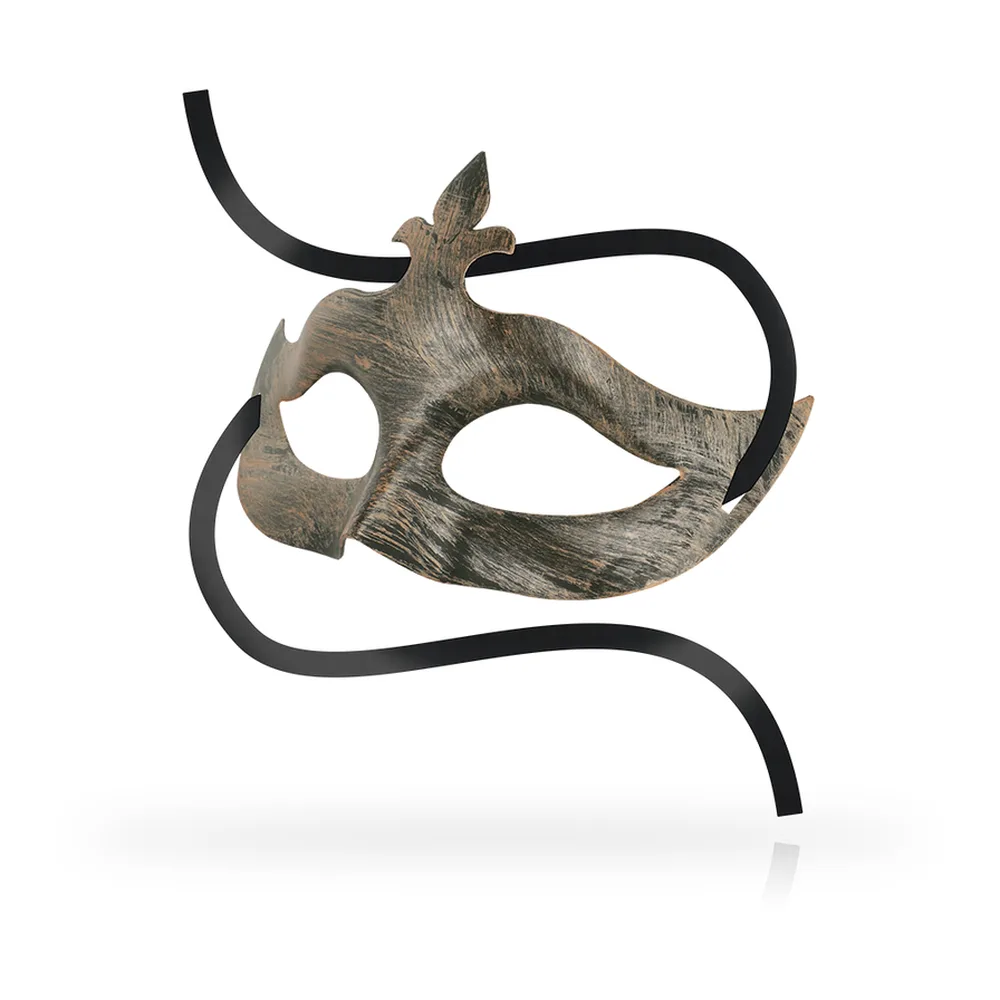 Masque en satin gris anthracite avec ornement fleur de lys au sommet, yeux ajourés et brides élastiques noires, sur fond blanc