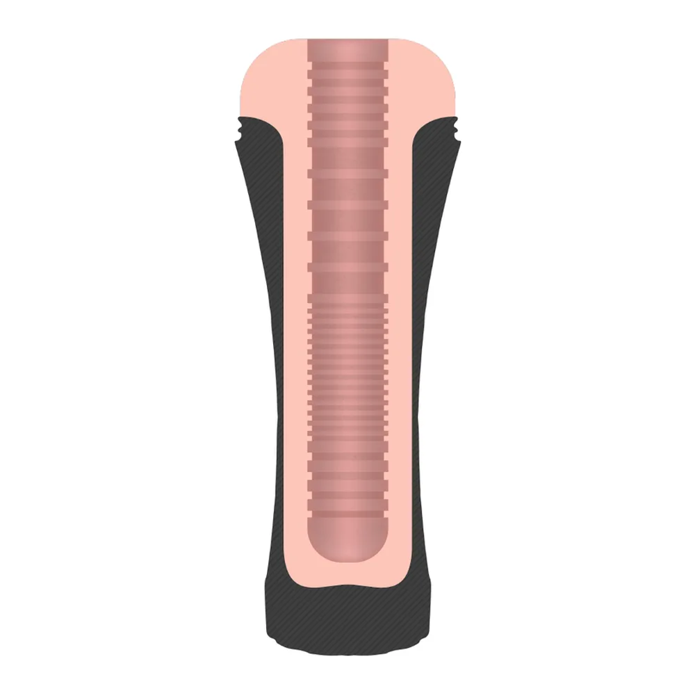 Masturbateur cylindrique noir et rose pêche en coupe longitudinale, montrant l'entrée vaginale et le manchon texturé rose interne amovible