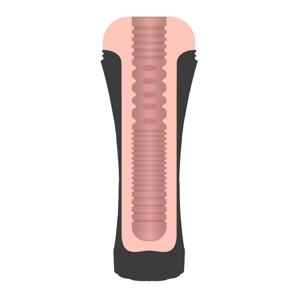 Masturbateur cylindrique avec manchon rose pêche amovible à relief et base noire, vue de profil sur fond blanc
