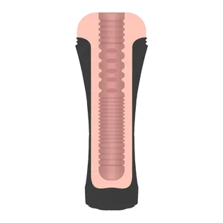 Masturbateur cylindrique avec manchon rose pêche amovible à relief et base noire, vue de profil sur fond blanc